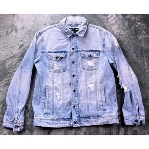 Empyre Denim Jacket Men's Large‎ Light Wash Distressed Button Front 100% Cotton